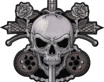 Large Back Patch (Iron-On/Sew-On), Skull And Roses Large Back Patch, 9.6" x 10"