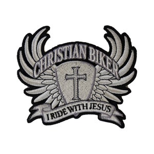 Patch, Embroidered Patch (Iron-On or Sew-On), Christian Biker I Ride With Jesus Wings Cross White on Black, 4.5" x 4"