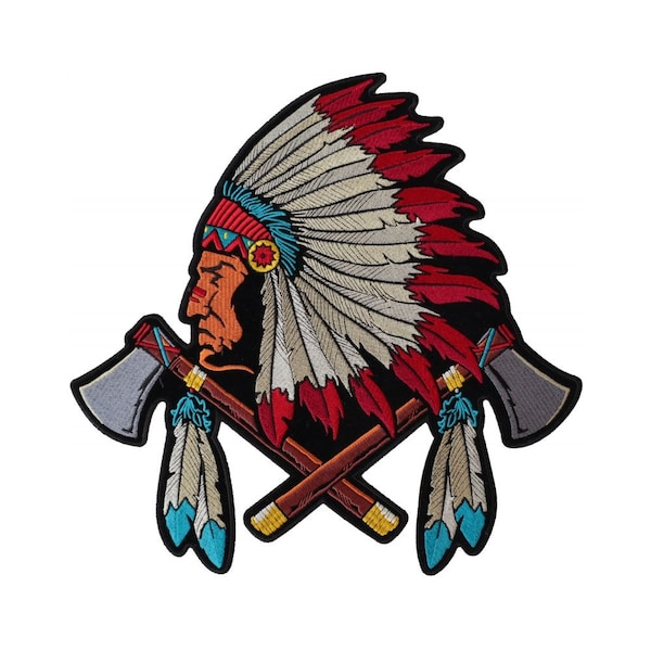 Large Back Patch, Embroidered Patch (Iron-On or Sew-On), Native American Indian Head Dress Axes Feathers Back Patch, 12" x 12"