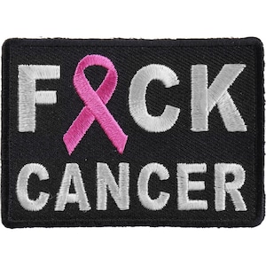 May include: Black embroidered patch with a pink ribbon and the text "F*CK CANCER" in white.