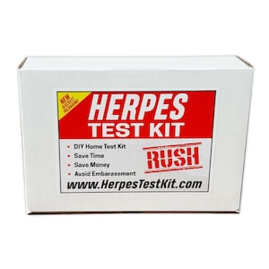 May include: White box with a red label that says "HERPES TEST KIT" and includes the text "NEW DISCREET PACKAGING!" and "DIY Home Test Kit, Save Time, Save Money, Avoid Embarassment, RUSH, www.HerpesTestKit.com".