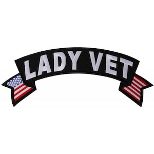 Patch, Embroidered Patch (Iron-On or Sew-On), Large Top Rocker Back Patch, Lady Vet With Flags (Military), 11&quot; x 4.5&quot;