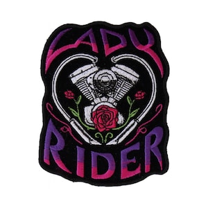 Patch, Embroidered Patch (Iron-On or Sew-On), Lady Rider Motorcycle Engine Pink Rose, 3&quot; x 3.75&quot;