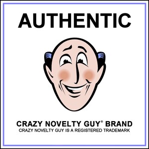 May include: A white square with a black border and a blue border. The text "AUTHENTIC" is in black at the top. A cartoon face of a man with a blue hair is in the center. The text "CRAZY NOVELTY GUY&reg; BRAND" is in black at the bottom. The text "CRAZY NOVELTY GUY IS A REGISTERED TRADEMARK" is in black below the brand name.