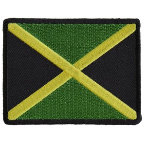 May include: A green, black, and yellow embroidered patch featuring the flag of Jamaica.