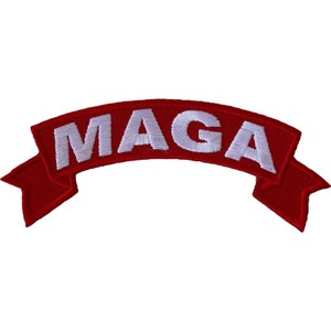 May include: Red embroidered patch with white lettering that reads "MAGA" in a banner shape.