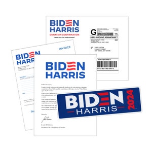 May include: A blue and white sticker with the text "BIDEN HARRIS 2024" in white. The sticker has a red, white, and blue stripe design.
