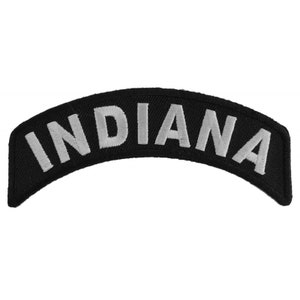 May include: Black and white embroidered patch with the word "INDIANA" in a white arch on a black background.