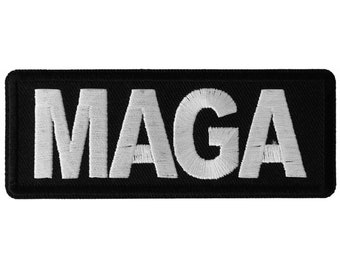 Patch, Embroidered Patch (Iron-On or Sew-On), MAGA Trump Make America Great Again (White On Black), 4" x 1.5" (10.2 cm x 3.8 cm)
