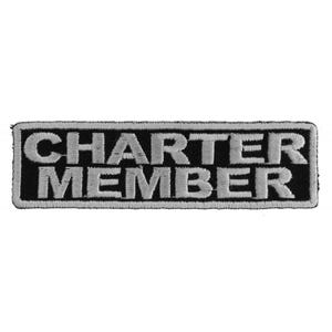 May include: Black and white embroidered patch with the text "CHARTER MEMBER" in silver thread.