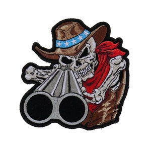 Patch, Embroidered Patch (Iron-On or Sew-On), Shotgun Willy Cowboy Skull, 4&quot; x 4&quot;