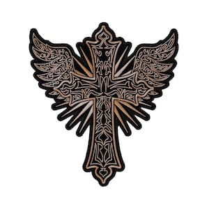 Large Back Patch, Embroidered Patch (Iron-On or Sew-On), Brown/Gold Christian Cross and Wings Large Back Patch, 11" x 12"