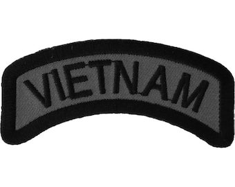 Patch, Small Embroidered Rocker (Iron-On or Sew-On), Vietnam Black on Dark Gray Military Service, 3" x 1.5" Arch