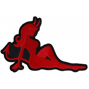 Patch, Embroidered Patch (Iron-On or Sew-On), Red Devil Girl Silhouette Horns Tail, 4&quot; x 2.5&quot;