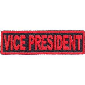 May include: Red embroidered patch with black background and the text "VICE PRESIDENT" in red.
