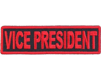Patch, Embroidered Patch (Iron-On or Sew-On), Club Rank Position, Vice President (Red on Black), 3.5" x 1"
