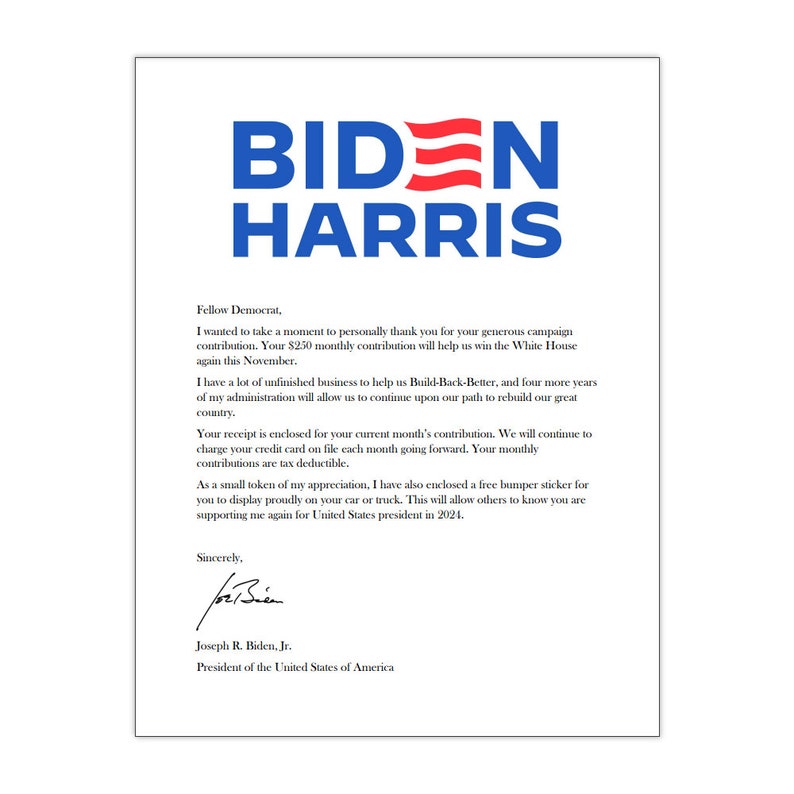 Prank Joe Biden 2024 Campaign Donation Confirmation, Very Realistic Practical Joke Revenge, We Send Directly To Your Victim 100% Anonymous image 3