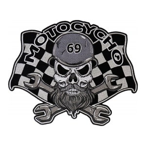 May include: Black and white checkered flag with a skull wearing a helmet with the number 69 on it. The skull has a beard and is holding two wrenches. The text "Motocycle" is written around the flag.