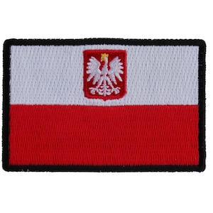 May include: Embroidered patch of the Polish flag. The flag is white with a red stripe at the bottom and features a white eagle with a yellow crown on a red shield in the upper left corner.