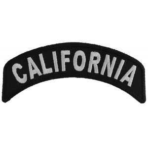 May include: Black and white embroidered patch with the word "CALIFORNIA" in a curved shape.