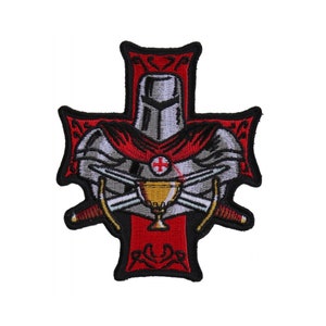 May include: An embroidered patch featuring a knight in armor holding a chalice and two swords, all within a red cross with a white cross in the center.