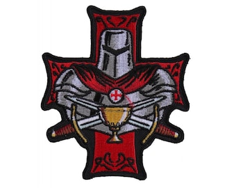 Patch, Embroidered Patch (Iron-On or Sew-On), Templar Holy Grail Christian Cross, 3.5" x 4"