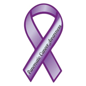 May include: Purple ribbon with the text "Pancreatic Cancer Awareness" on it.
