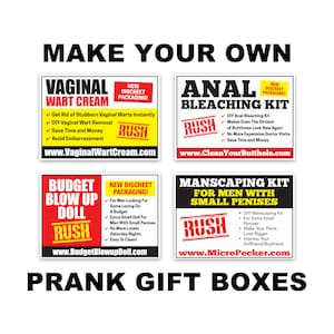DIY Make Your Own Prank Gift Boxes, 4 of Our Top-Selling Fake Product Labels, For Pranks, Practical Jokes, Revenge, 7&quot; x 5&quot; Labels