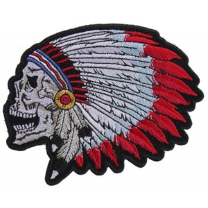 Patch, Embroidered Patch (Iron-On or Sew-On), Screaming Indian Skull With Head Dress, 4&quot; x 3.5&quot;