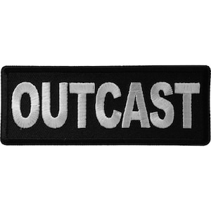 May include: Black embroidered patch with the word "OUTCAST" in white lettering.