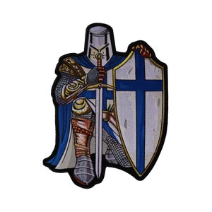 May include: A kneeling knight in blue and white armor holding a sword and a shield with a blue cross on a white background.