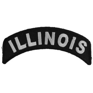 May include: Black, arched patch with the word "ILLINOIS" embroidered in white block letters. The patch is curved, with the text following the arc. The patch is likely for a jacket, bag, or other apparel.