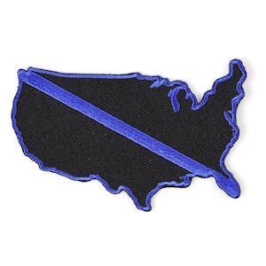 Patch, Embroidered Patch (Iron-On or Sew-On), Thin Blue Line United States Map Police, 3&quot; x 2&quot;