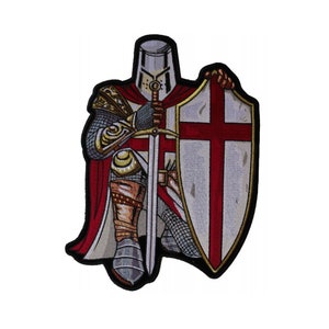 May include: A kneeling knight in armor with a sword and shield. The shield is white with a red cross. The knight is wearing a red cape and a helmet.