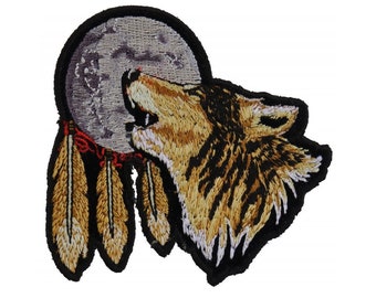 Patch, Embroidered Patch (Iron-On or Sew-On), Wolf Howling Moon Feathers Dream Catcher, 3.5" x 3.5"