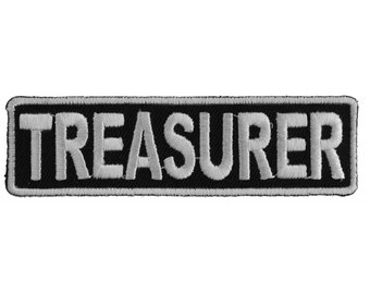 Patch, Embroidered Patch (Iron-On or Sew-On), Club Rank Position, Treasurer (White on Black), 3.5" x 1"
