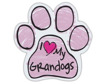 Pink Scribble Dog Paw Shaped Magnet - I Love My Grandogs - Cars, Trucks, SUVs, Refrigerators, File Cabinets, Etc. - Magnetic Bumper Sticker