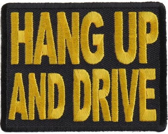 Patch, Embroidered Patch (Iron-On or Sew-On), Hang Up and Drive Biker Patch Yellow on Black, 3" x 2.5"