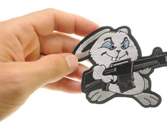 Patch, Embroidered Patch (Iron-On or Sew-On), Machine Gun Bunny Rabbit Goth Punk, 3" x 3.75"
