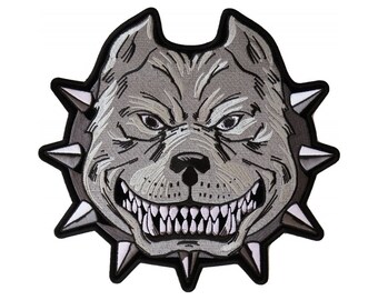 Large Back Patch, Embroidered Patch (Iron-On or Sew-On), Gray Pitbull Spike Collar Growling Dog Back Patch, 10" x 9.5"