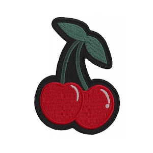 May include: A red and green embroidered cherry patch. The cherries are red with a white highlight and the stem is green.