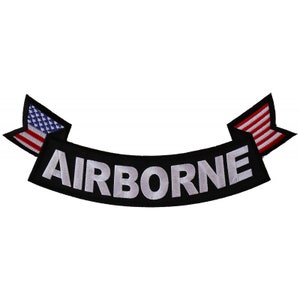 May include: Black and white embroidered patch with the word "AIRBORNE" in a white banner with two small American flags on either side.
