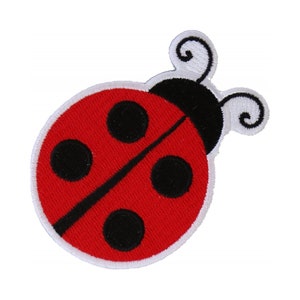 May include: A red ladybug patch with black spots and a black head. The patch has a white border and white swirl antennae. This embroidered patch is a fun accessory for clothing or bags.
