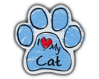 Blue Scribble Cat Paw Shaped Magnet - I Love My Cat - Cars, Trucks, SUVs, Refrigerators, File Cabinets, Etc. - Magnetic Bumper Sticker