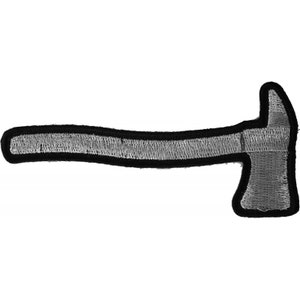 May include: A black and silver embroidered patch of a firefighter's axe.