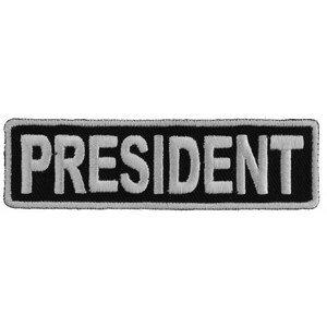 Patch, Embroidered Patch (Iron-On or Sew-On), Club Rank Position, President (White on Black), 3.5&quot; x 1&quot;