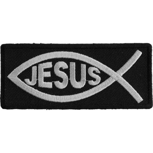 May include: A black fabric patch with a white embroidered Jesus fish symbol. The word "JESUS" is inside the fish.