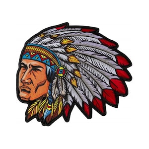 May include: An embroidered patch of a Native American man wearing a headdress with red, white, blue, and yellow feathers. The headdress is decorated with geometric patterns.