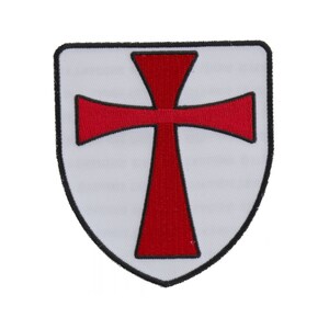 May include: A white shield with a red cross in the center. The shield is outlined in black.