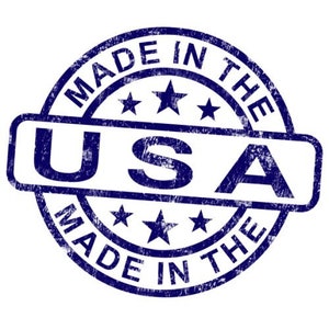 May include: A blue and white distressed rubber stamp with the text "Made in the USA Made in the" and five white stars.